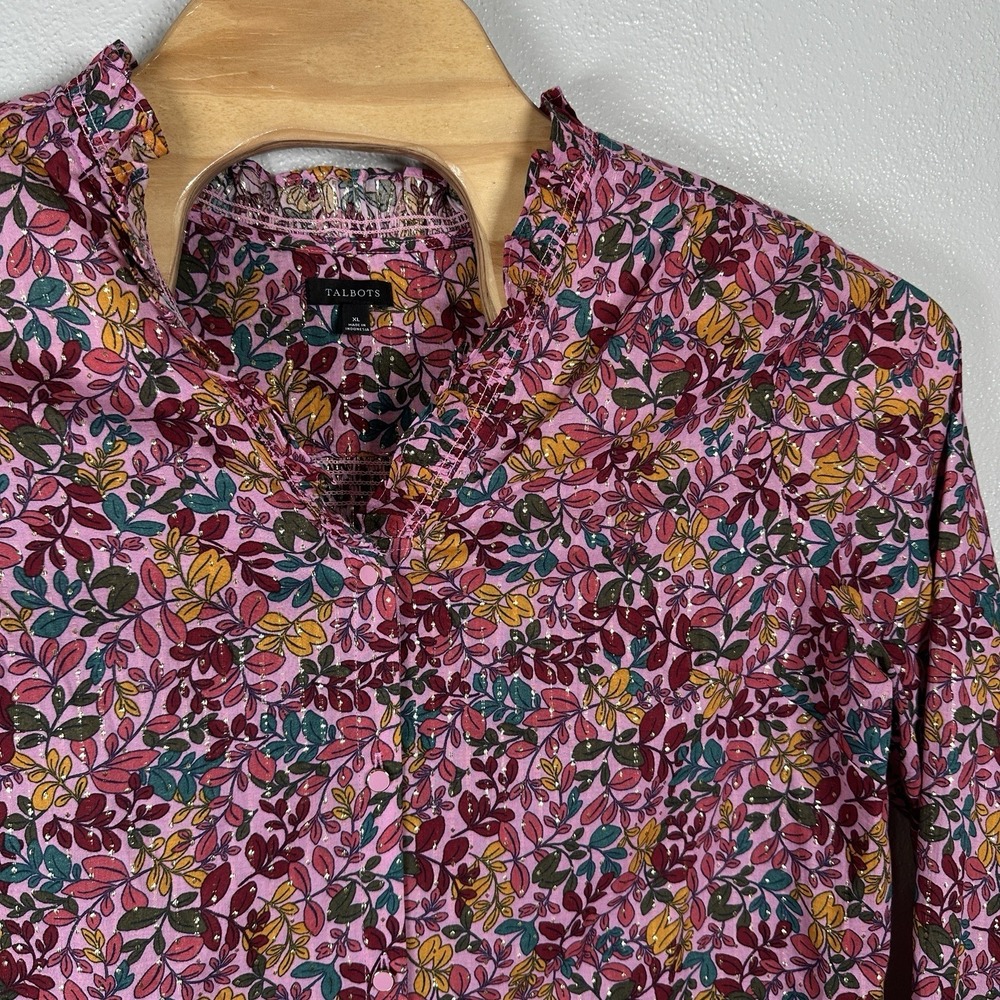 Talbots Ruffled Button Front Blouse Womens‎ Size XL Pink Floral Cotton Metallic